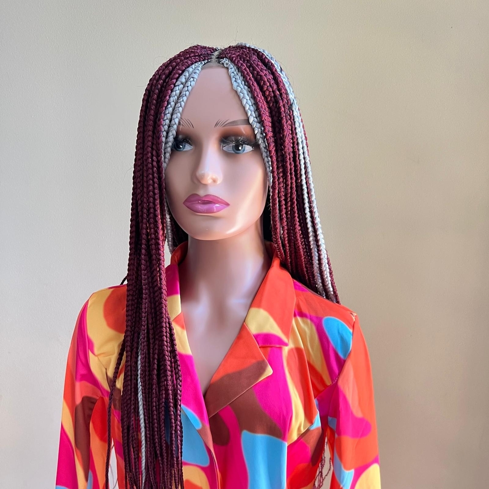Women’s Burgundy and Gray Box Braid Wig - Unbranded